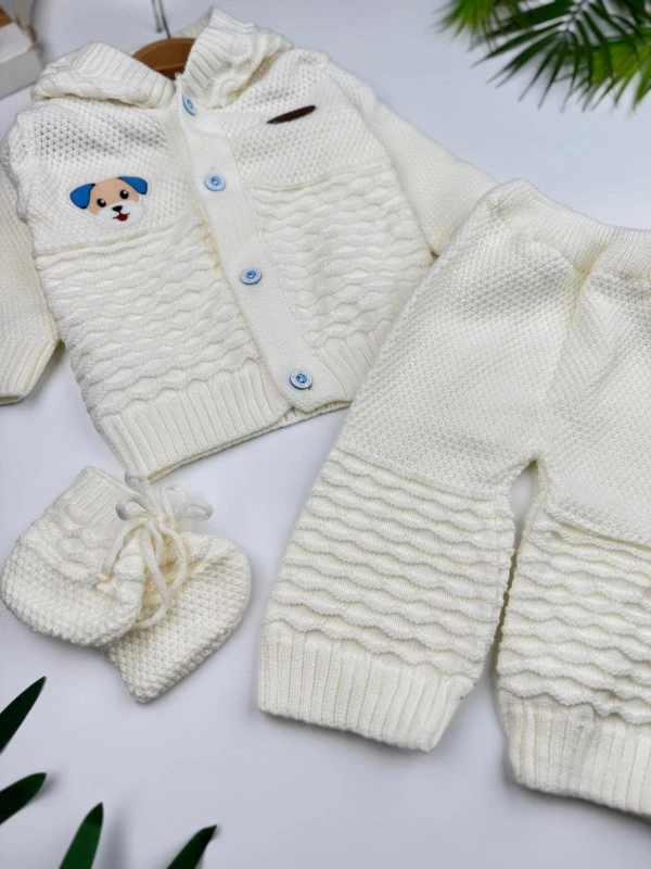 Köpüş Baskılı Örme Kapüşonlu Hırka Pantolon Patik 3'lü Set Bebek Takım - MAVİ