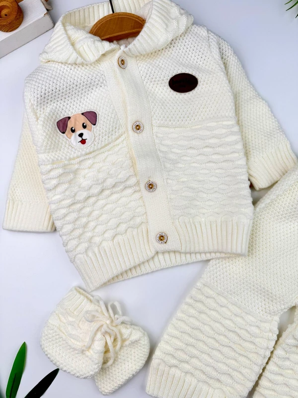 Köpüş Baskılı Örme Kapüşonlu Hırka Pantolon Patik 3'lü Set Bebek Takım - GÜLKURUSU