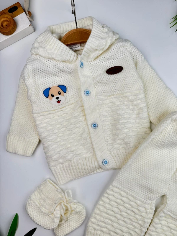Köpüş Baskılı Örme Kapüşonlu Hırka Pantolon Patik 3'lü Set Bebek Takım - MAVİ