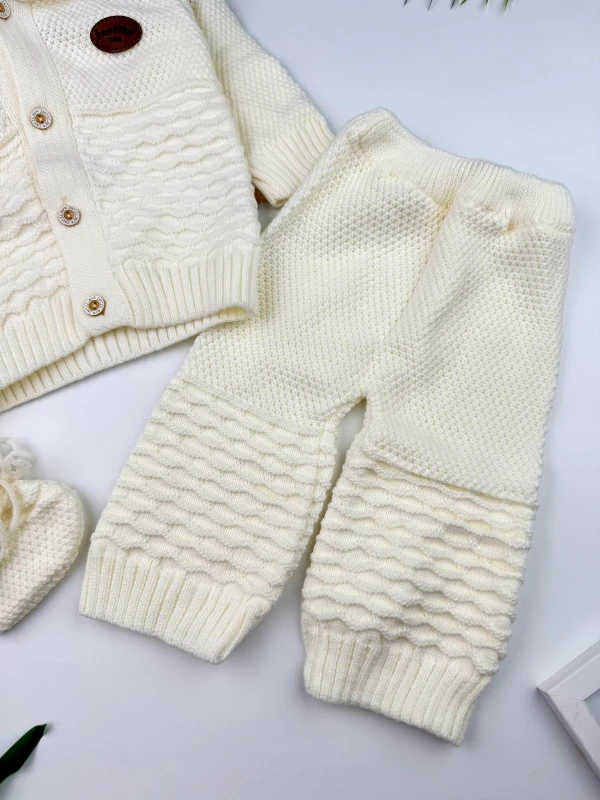Köpüş Baskılı Örme Kapüşonlu Hırka Pantolon Patik 3'lü Set Bebek Takım - GÜLKURUSU