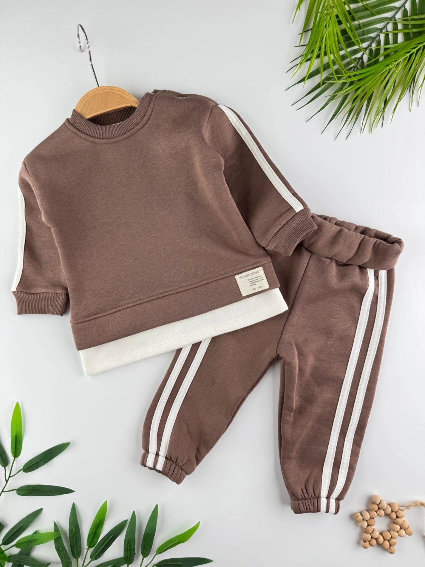 3 İp İçi Şardonlu Kışlık Şerit Detaylı 2’li Unisex Bebek Takım - KAHVERENGİ