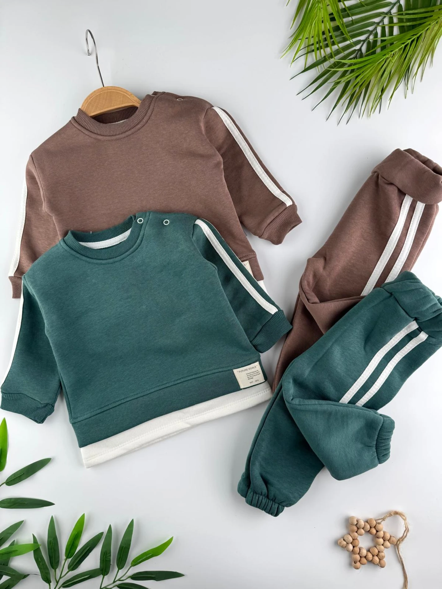 3 İp İçi Şardonlu Kışlık Şerit Detaylı 2’li Unisex Bebek Takım - YEŞİL