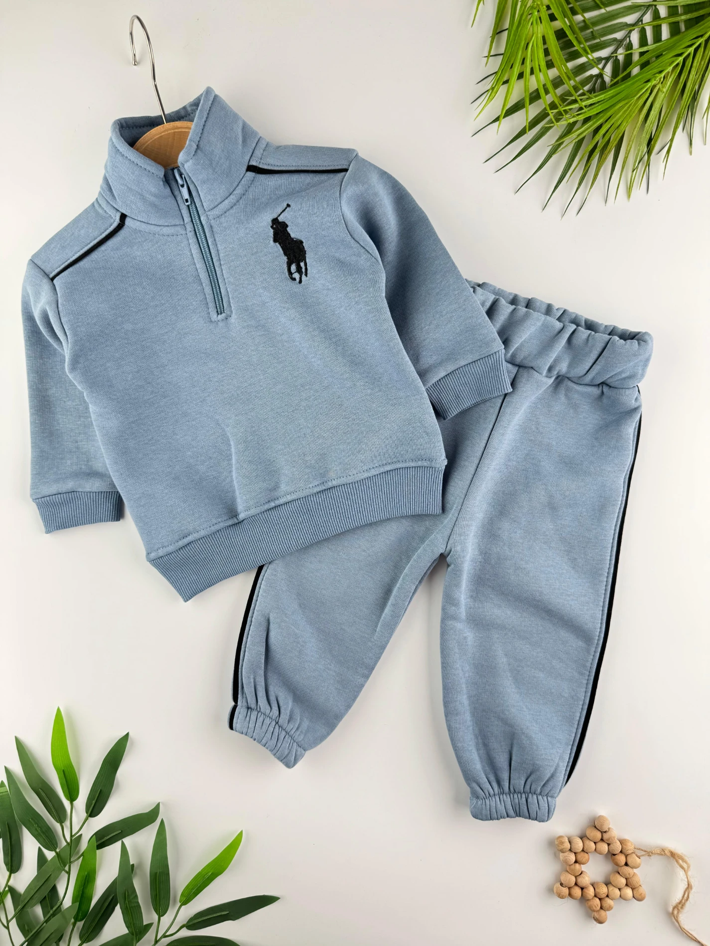 At İşlemeli 3 İp İçi Şardonlu Kışlık Fermuarlı Dik Yaka 2’li Erkek Bebek Takım - MAVİ