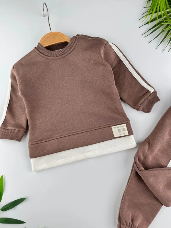 3 İp İçi Şardonlu Kışlık Şerit Detaylı 2’li Unisex Bebek Takım - KAHVERENGİ