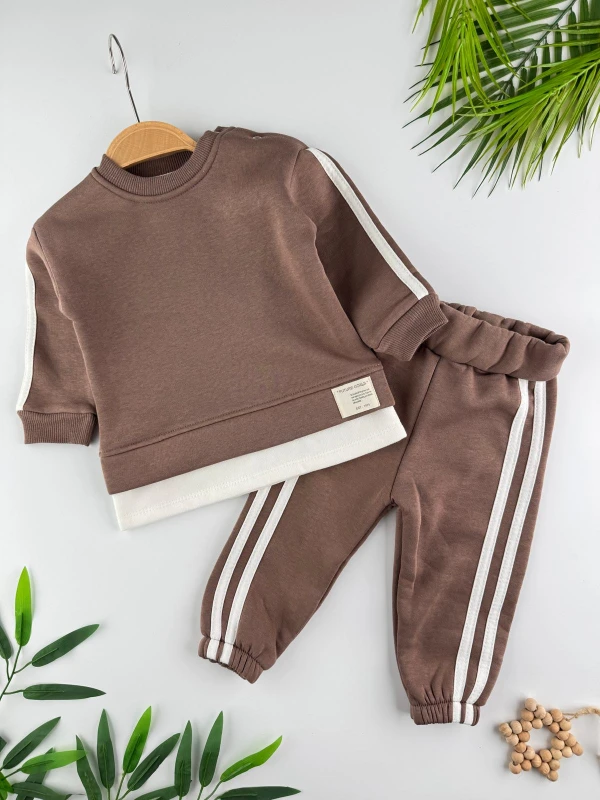 3 İp İçi Şardonlu Kışlık Şerit Detaylı 2’li Unisex Bebek Takım - KAHVERENGİ