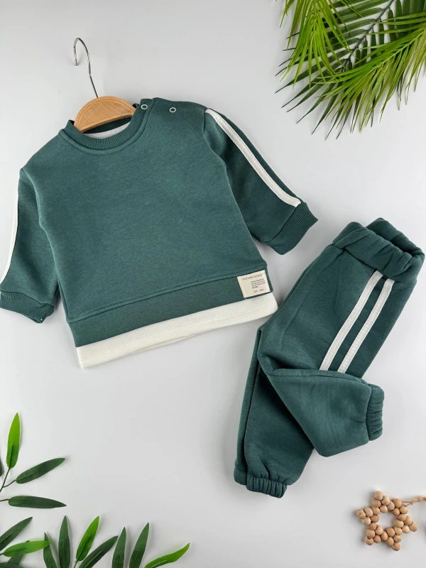 3 İp İçi Şardonlu Kışlık Şerit Detaylı 2’li Unisex Bebek Takım - YEŞİL