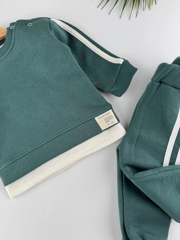 3 İp İçi Şardonlu Kışlık Şerit Detaylı 2’li Unisex Bebek Takım - YEŞİL