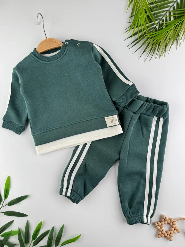 3 İp İçi Şardonlu Kışlık Şerit Detaylı 2’li Unisex Bebek Takım - YEŞİL