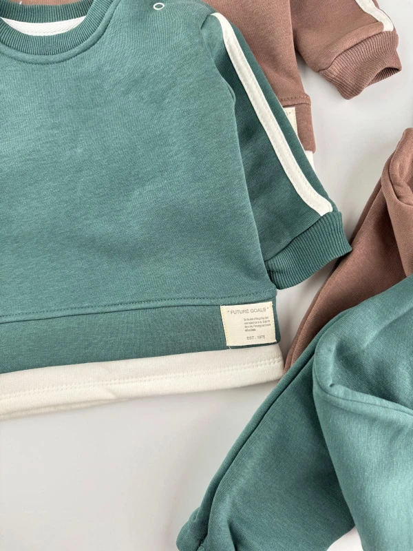 3 İp İçi Şardonlu Kışlık Şerit Detaylı 2’li Unisex Bebek Takım - YEŞİL