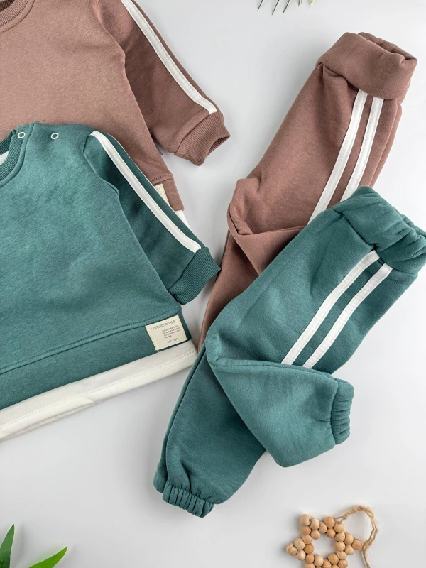 3 İp İçi Şardonlu Kışlık Şerit Detaylı 2’li Unisex Bebek Takım - KAHVERENGİ