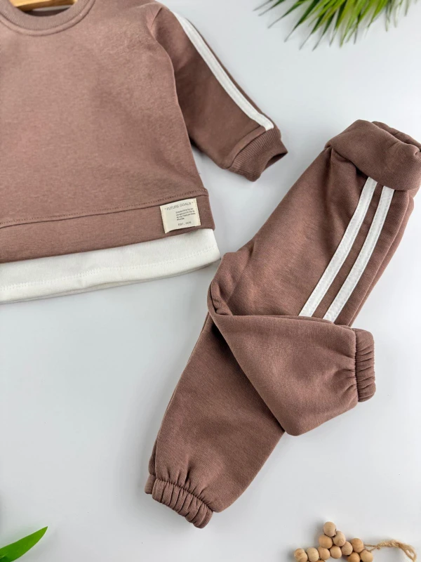 3 İp İçi Şardonlu Kışlık Şerit Detaylı 2’li Unisex Bebek Takım - KAHVERENGİ
