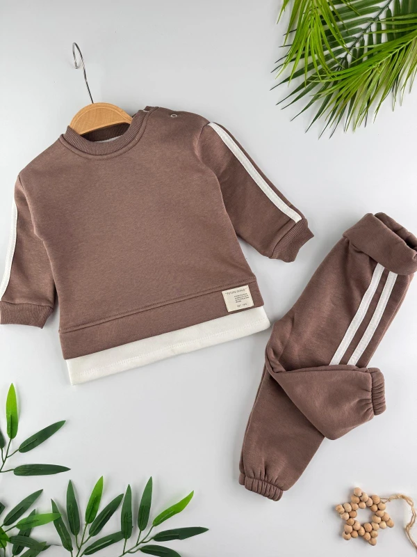 3 İp İçi Şardonlu Kışlık Şerit Detaylı 2’li Unisex Bebek Takım - KAHVERENGİ