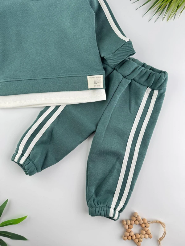 3 İp İçi Şardonlu Kışlık Şerit Detaylı 2’li Unisex Bebek Takım - YEŞİL