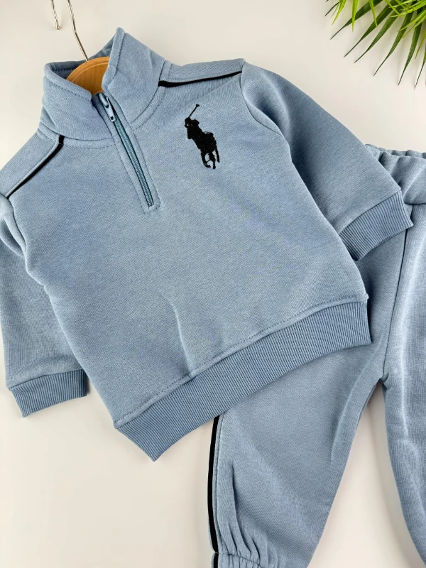 At İşlemeli 3 İp İçi Şardonlu Kışlık Fermuarlı Dik Yaka 2’li Erkek Bebek Takım - MAVİ