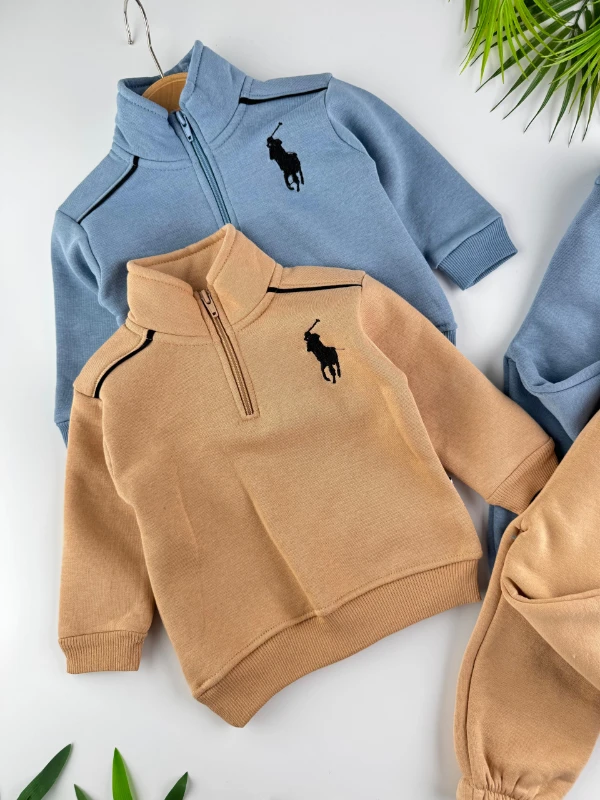 At İşlemeli 3 İp İçi Şardonlu Kışlık Fermuarlı Dik Yaka 2’li Erkek Bebek Takım - MAVİ
