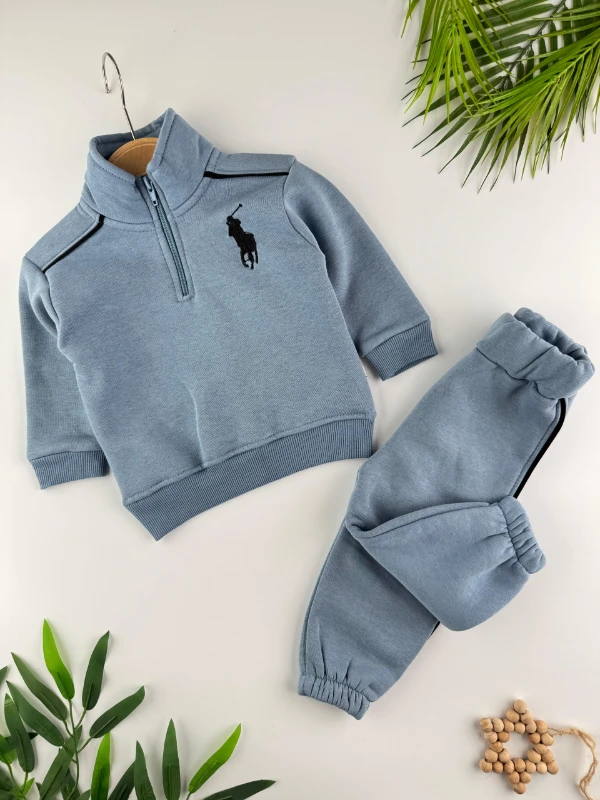 At İşlemeli 3 İp İçi Şardonlu Kışlık Fermuarlı Dik Yaka 2’li Erkek Bebek Takım - MAVİ