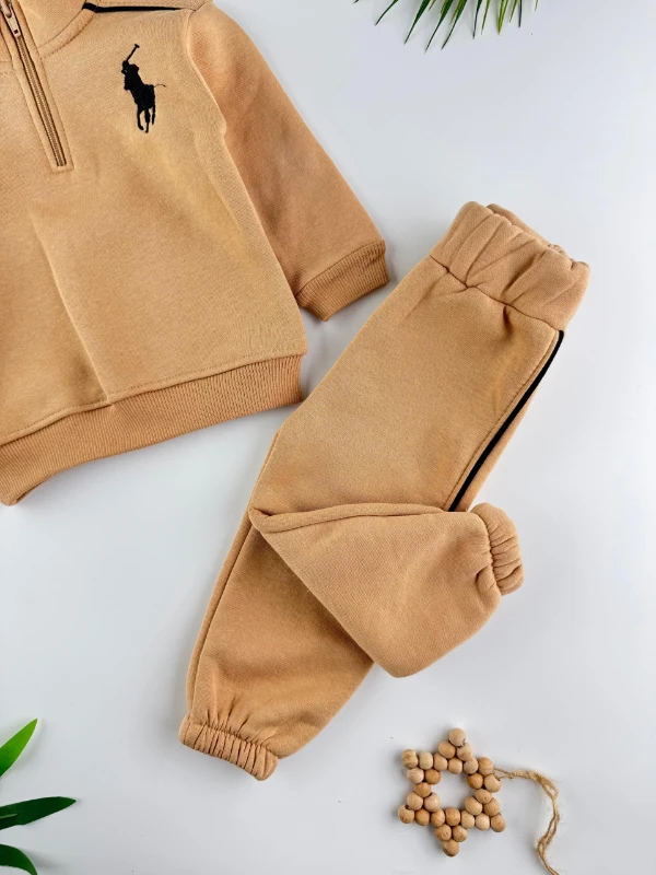 At İşlemeli 3 İp İçi Şardonlu Kışlık Fermuarlı Dik Yaka 2’li Erkek Bebek Takım - KAHVERENGİ