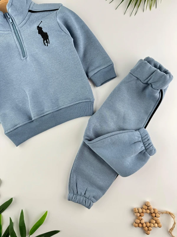 At İşlemeli 3 İp İçi Şardonlu Kışlık Fermuarlı Dik Yaka 2’li Erkek Bebek Takım - MAVİ