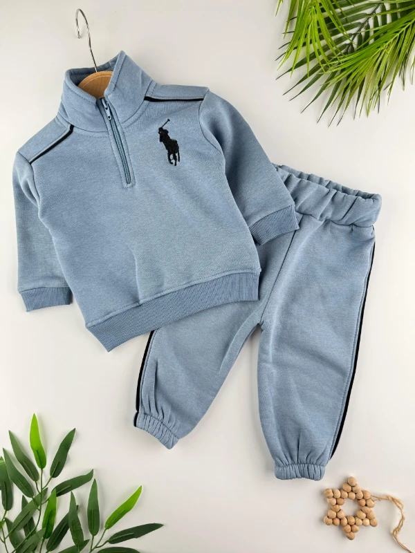 At İşlemeli 3 İp İçi Şardonlu Kışlık Fermuarlı Dik Yaka 2’li Erkek Bebek Takım - MAVİ