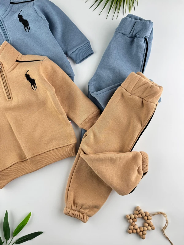 At İşlemeli 3 İp İçi Şardonlu Kışlık Fermuarlı Dik Yaka 2’li Erkek Bebek Takım - MAVİ