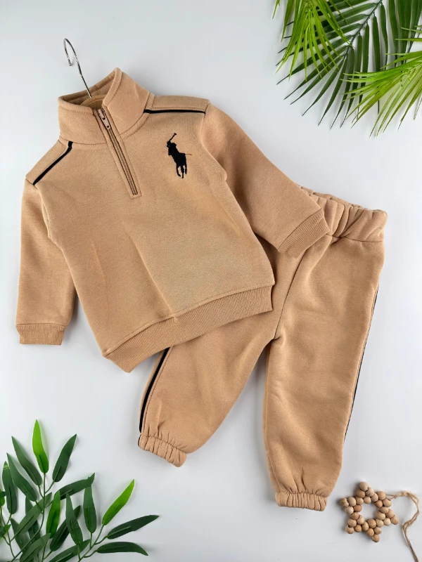 At İşlemeli 3 İp İçi Şardonlu Kışlık Fermuarlı Dik Yaka 2’li Erkek Bebek Takım - KAHVERENGİ