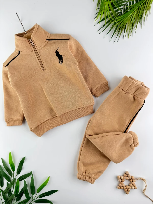 At İşlemeli 3 İp İçi Şardonlu Kışlık Fermuarlı Dik Yaka 2’li Erkek Bebek Takım - KAHVERENGİ