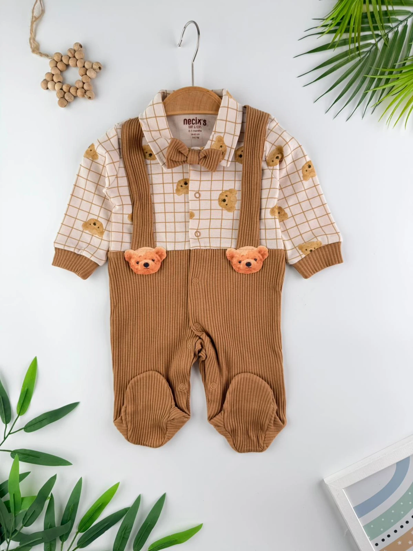 Meyan Ayılı Salopetli %100 Pamuk Bebek Yenidoğan Tulum - KAHVERENGİ