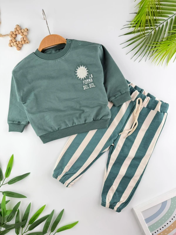 Çizgili Pantolonlu 2İp Bisiklet Yaka Roma  2’li Erkek Bebek Takım - YEŞİL