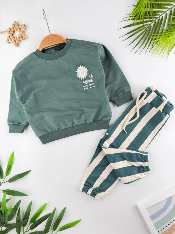 Çizgili Pantolonlu 2İp Bisiklet Yaka Roma  2’li Erkek Bebek Takım - YEŞİL