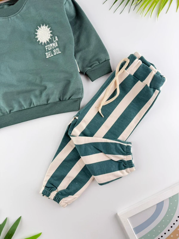 Çizgili Pantolonlu 2İp Bisiklet Yaka Roma  2’li Erkek Bebek Takım - YEŞİL