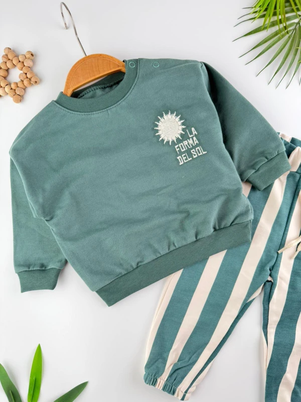 Çizgili Pantolonlu 2İp Bisiklet Yaka Roma  2’li Erkek Bebek Takım - YEŞİL