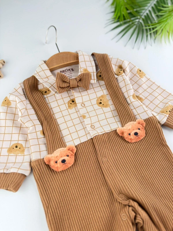 Meyan Ayılı Salopetli %100 Pamuk Bebek Yenidoğan Tulum - KAHVERENGİ