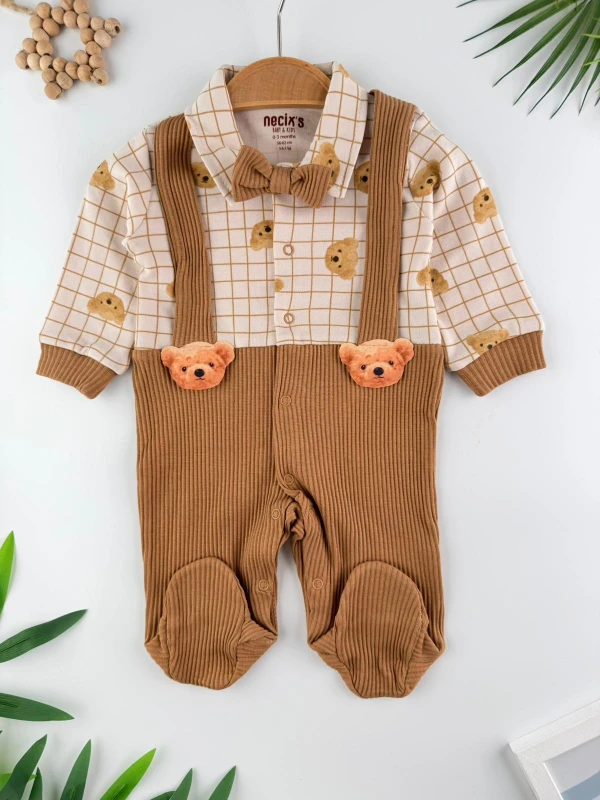 Meyan Ayılı Salopetli %100 Pamuk Bebek Yenidoğan Tulum - KAHVERENGİ