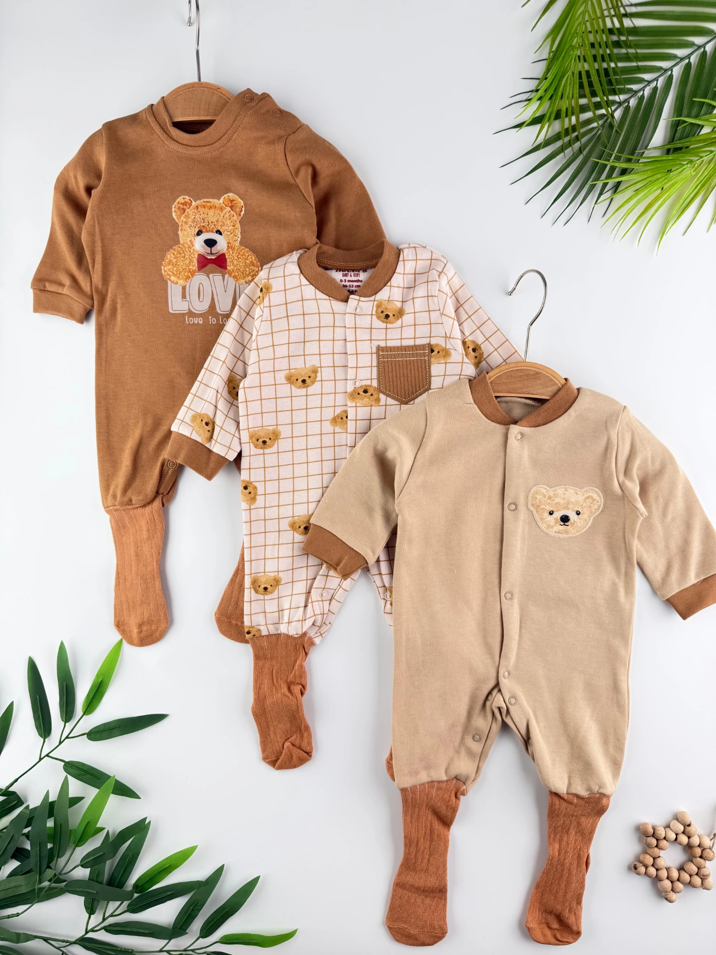 Ayıcık Baskılı %100 Pamuk Birleşik Çoraplı 3'lü Tulum Set Organik Unisex Tulum Set - KAHVERENGİ