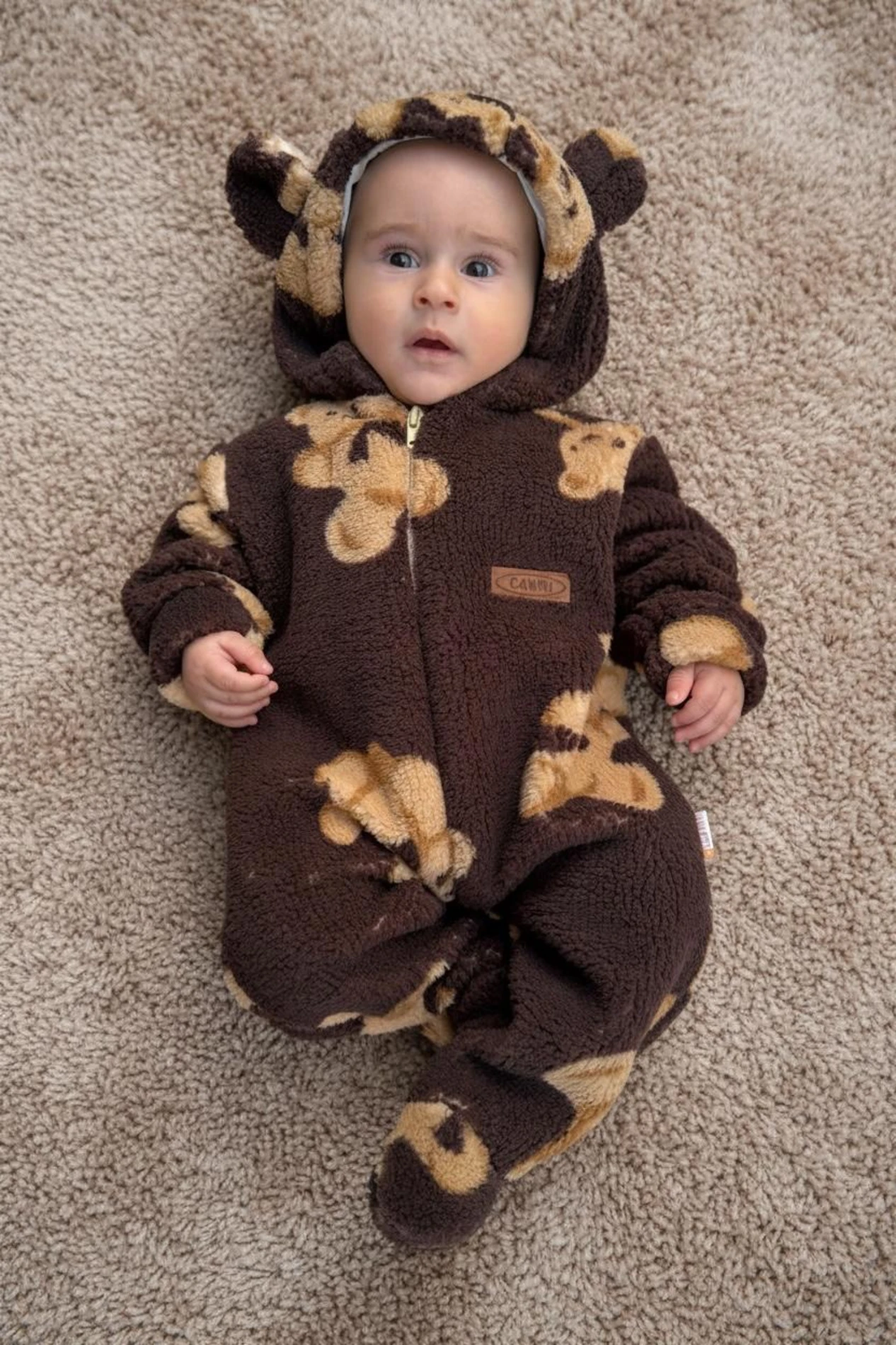 Wellsoft Peluş Unisex Fermuarlı Kışlık Bebek Uyku Tulumu Ayıcık Baskılı Bebek Tulumu Çocuk Tulumu - KAHVERENGİ