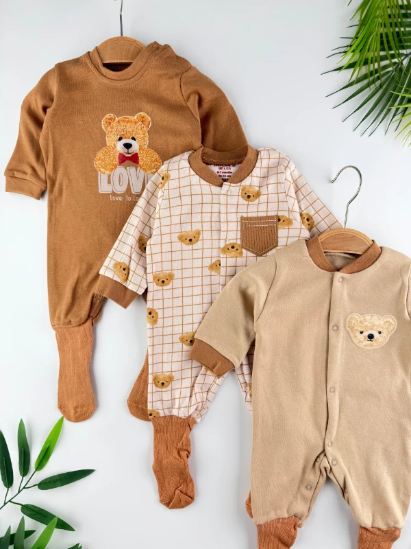 Ayıcık Baskılı %100 Pamuk Birleşik Çoraplı 3'lü Tulum Set Organik Unisex Tulum Set - KAHVERENGİ