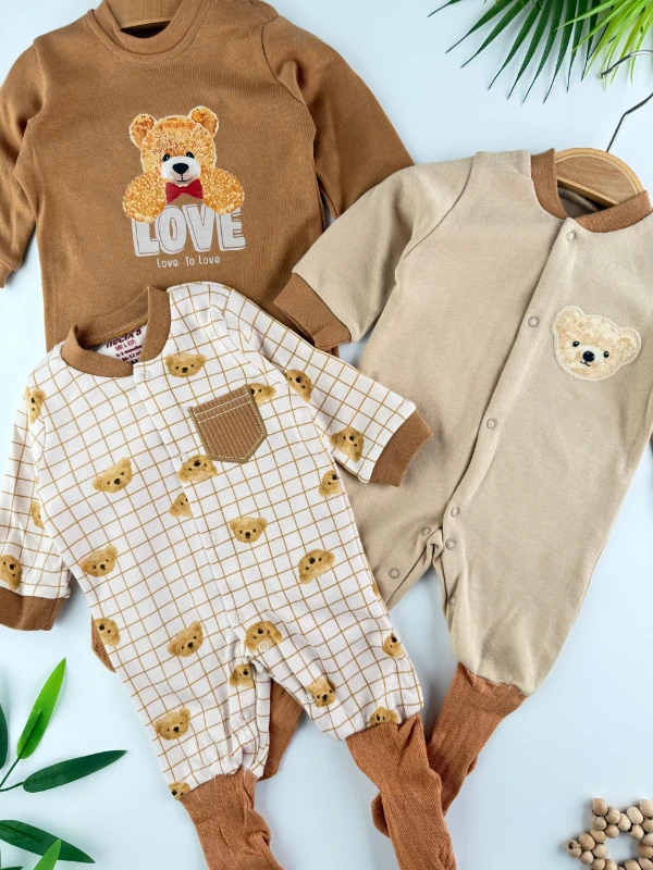 Ayıcık Baskılı %100 Pamuk Birleşik Çoraplı 3'lü Tulum Set Organik Unisex Tulum Set - KAHVERENGİ