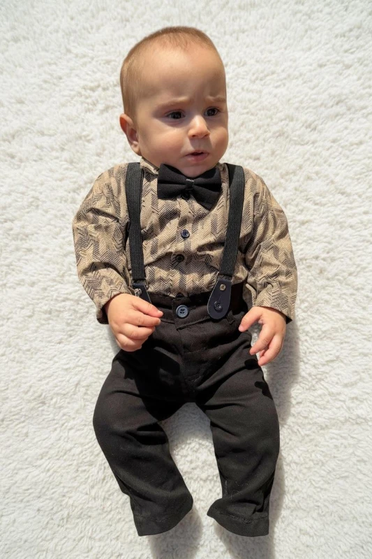 Papyonlu Çizgi Desen Gömlekli Pantolonlu Bebek Salopet Üçlü Takım - SİYAH