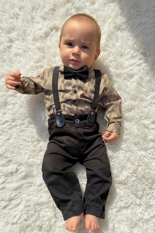 Papyonlu Çizgi Desen Gömlekli Pantolonlu Bebek Salopet Üçlü Takım - SİYAH