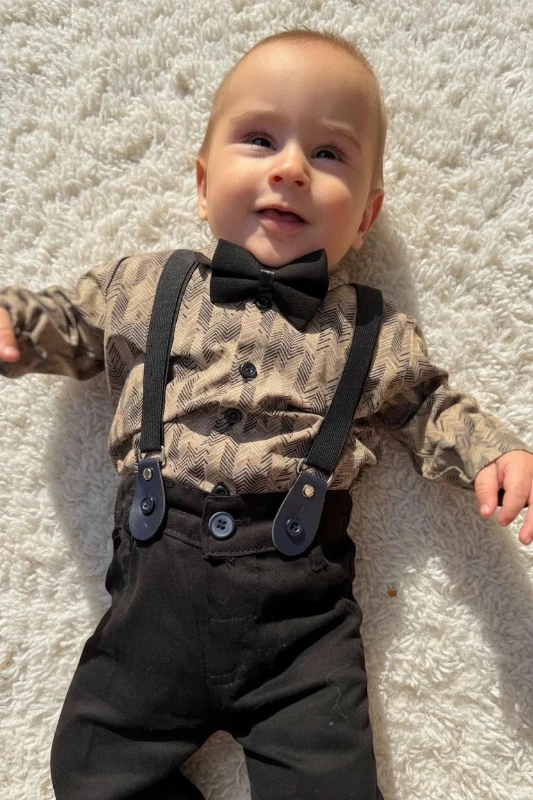 Papyonlu Çizgi Desen Gömlekli Pantolonlu Bebek Salopet Üçlü Takım - SİYAH