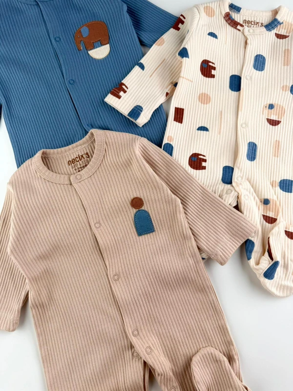 Shapehant Baskılı %100 Pamuk 3'lü Tulum Set Organik Erkek Bebek Tulum Set - MAVİ