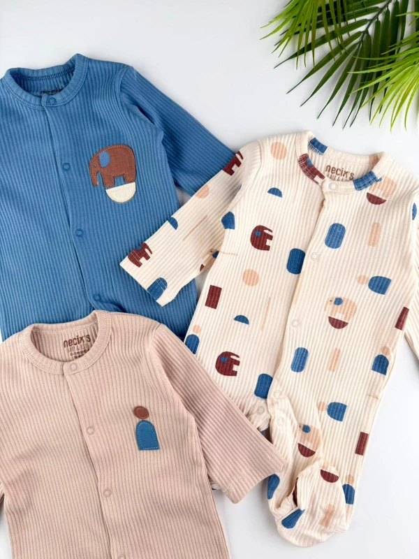 Shapehant Baskılı %100 Pamuk 3'lü Tulum Set Organik Erkek Bebek Tulum Set - MAVİ