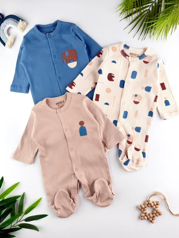 Shapehant Baskılı %100 Pamuk 3'lü Tulum Set Organik Erkek Bebek Tulum Set - MAVİ