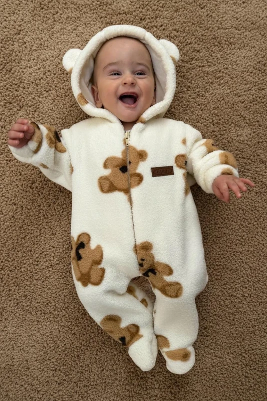 Wellsoft Peluş Unisex Fermuarlı Kışlık Bebek Uyku Tulumu Ayıcık Baskılı Bebek Tulumu Çocuk Tulumu - KREM