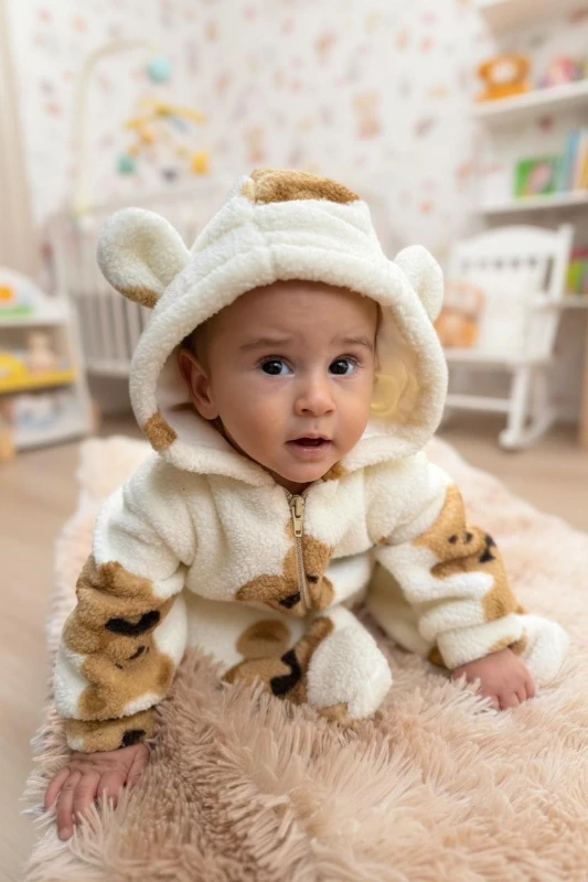 Wellsoft Peluş Unisex Fermuarlı Kışlık Bebek Uyku Tulumu Ayıcık Baskılı Bebek Tulumu Çocuk Tulumu - KREM