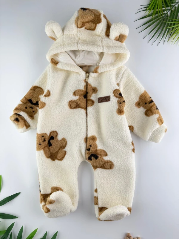 Wellsoft Peluş Unisex Fermuarlı Kışlık Bebek Uyku Tulumu Ayıcık Baskılı Bebek Tulumu Çocuk Tulumu - KREM
