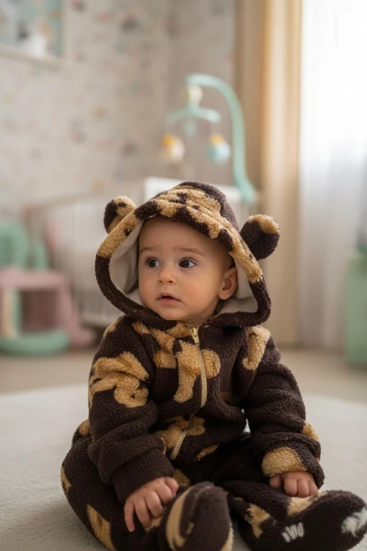 Wellsoft Peluş Unisex Fermuarlı Kışlık Bebek Uyku Tulumu Ayıcık Baskılı Bebek Tulumu Çocuk Tulumu - KAHVERENGİ