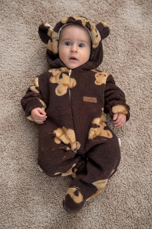 Wellsoft Peluş Unisex Fermuarlı Kışlık Bebek Uyku Tulumu Ayıcık Baskılı Bebek Tulumu Çocuk Tulumu - KAHVERENGİ