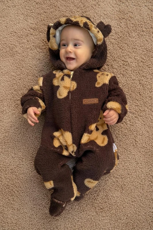 Wellsoft Peluş Unisex Fermuarlı Kışlık Bebek Uyku Tulumu Ayıcık Baskılı Bebek Tulumu Çocuk Tulumu - KAHVERENGİ