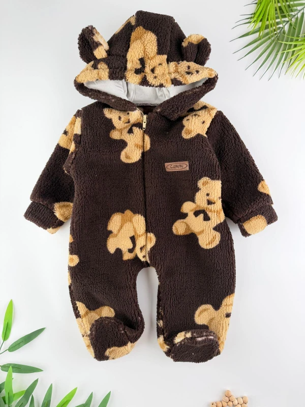 Wellsoft Peluş Unisex Fermuarlı Kışlık Bebek Uyku Tulumu Ayıcık Baskılı Bebek Tulumu Çocuk Tulumu - KAHVERENGİ